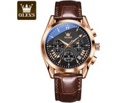 OLEVS 2876 Luxury Quartz Watches for Men Geunine Leather Strap Waterproof Chrono Moon Phase Auto Date Original Men's Wrist Clock