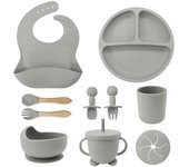 Vajilla de Bebé Silicona, 10 piezas Juegos de vajilla infantil, Cubiertos con plato ventosa, Plato Bebe Ventosa,Tenedor con mango de madera, bebe de silicona, Babero Set vajilla silicona bebe