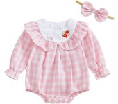 Newborn Girl Outfit, Long Sleeve Crew Neck Plaid Romper with Bow Hairband Fall Clothes