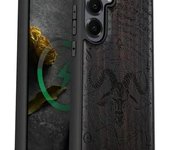 Funda magnética de madera para Galaxy S25+ y Samsung S25 Plus, carcasa de TPU a prueba de golpes con grabado de madera, compatible con cargadores inalámbricos MagSafe (cabra con cuernos) en madera negra.
