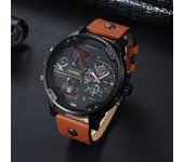 CAGARNY Brand Big dial 6820 dual time zone Leather Quartz Men Wristwatches Date Waterproof Fashion Casual Watch Clockes for Man