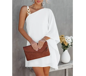 Summer Commuter Women's S-2XL size Dress One Line Diagonal Neck Off Shoulder Solid Color and PrintedMetal Strap Bat Sleeve