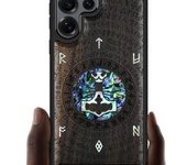 Funda magnética de madera para Samsung Galaxy S25 Ultra, con grabado artesanal de madera e incrustaciones de concha, compatible con cargadores inalámbricos MagSafe (Flores y pájaro) en madera negra.