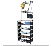 Zapatero de acero al carbon de 5 niveles, estante para sombreros, árbol de salón ajustable con 16 ganchos de suspensión de plastico cubierta lateral para entrada, baño, sala de estar