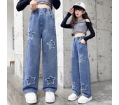 2-12 Years Spring  Autumn Girls Jeans Pentagram Decoration Long Denim Pants For Kids Children Outdoor Wear Straight Trousers