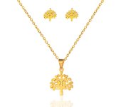 MOANATURA Conjunto Collar y Pendientes con Árbol de la Vida de Acero Inoxidable en color Dorado. Juego Colgante con Cadena y Aretes de Bisutería Fina para Mujer. Conjunto Joyas con Símbolos de Protección.