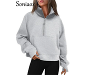 Women's Zipper Half Cardigan Splicing Kangaroo Pouch Thickened Sweatshirt Female Autumn Winter Stand-up Collar Hoodie Outerwear