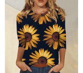 Yellow Sunflower Flower Print Blouse For Women Summer Vintage Casual Holiday Short Sleeve O Neck T-Shirts Top 2024 Clothes