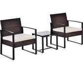 Outsunny Conjunto de Muebles de Ratán de Jardín 3 Piezas Set de Comedor con 1 Mesa 42,5x40x39 cm 2 Sillones 63x57x76 cm Cojín Acolchado para Patio Terraza Balcón