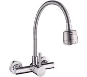Grifo de cocina de pared de acero inoxidable 304, giratorio 360° con manguera flexible.