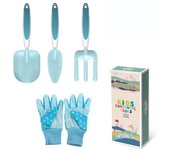 Juego de 4 herramientas de jardinería para niños, paleta, rastrillo y tenedor, guantes de jardinería, mini juego de herramientas de jardín para playa y jardín