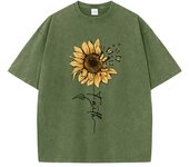 Sunflower And Butterfly Cotton Washed T-Shirt Women Prints Tops Summer O-Neck Oversized T Shirts Vintage Black Woman Clothes