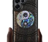 Funda magnética de madera para Samsung Galaxy S25 Ultra, con grabado artesanal de madera e incrustaciones de concha, compatible con cargadores inalámbricos MagSafe (Flores y pájaro) en madera negra.