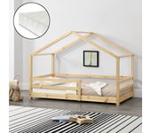 Cama para niños Knätten - Casita - con colchón, reja y somier - pino 90 x 200 cm - Natural [en.casa]