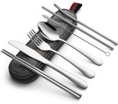 Devico Utensilios Portátiles de Viaje, 8 Piezas, Acero Inoxidable, Estuche Portátil (negro)