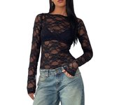 Women Long Sleeve T-Shirts Tie-Up Backless Lace Shirts Spring Fall Slim Fit Tops Streetwear