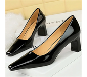 Women 6cm High Heels Pumps Lady Square Toe Glossy Patent Leather Block Low Heels Girl Green Blue Nude Wine Red Quality Shoes