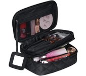 Organizador de maquillaje para mujer, neceser de viaje impermeable con compartimento para brochas y espejo, estuche de maquillaje portátil de doble capa y gran capacidad.