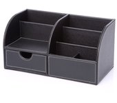 Organizador de escritorio de polipiel con 7 compartimentos de almacenamiento para artículos de papelería, tarjetas de visita, lápices, bolígrafos, celulares o controles remotos, Negro