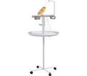 PawHut Comedero de Pájaros para Exterior con Ruedas Ø60x138 cm Comedero para Pájaros de Pie con 2 Cuenco de Acero Inoxidable y 2 Perchas para Jardín Terraza Blanco