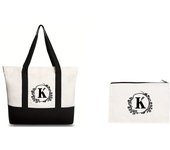 Blue and white porcelain black letter printed canvas beach bag, fashionable and trendy handbag, canvas shopping bag