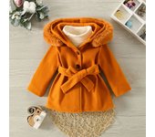 Winter New Girls Coat Velvet Hat Warm Long Sleeve Bow Waist Hooded Coat Warm Everything With Solid Color Coat