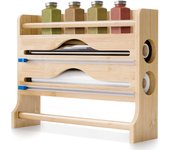 JUPPLIES Portarrollos Papel Cocina 3 en 1 – Soporte Rollo Papel Cocina, Dispensador Papel Aluminio y Film con Cortador Integrado – Porta Rollos de Papel Cocina de Bambú para Montaje en Pared