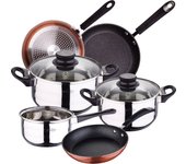Batería de Cocina San Ignacio 5 Piezas en Acero Inoxidable con Juego de Sartenes Moma en Aluminio Forjado