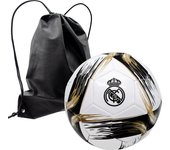 Balón Real Madrid Diseño Pinceladas Negro y Dorado Nº59 Talla 5 Producto Oficial + Mochila Negra para Llevarlo a la Playa, Piscina, Campo