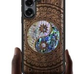 Funda magnética de madera para Galaxy S25+/S25 Plus, con grabado artesanal de madera e incrustaciones de concha, compatible con cargadores inalámbricos MagSafe (Flores y pájaro) en madera negra.