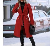 Europe And The United States Solid Color Lapel Thickened Lace-up Double-breasted Buckle Lengthened Paragraph Female Trench Coat