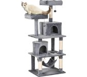 PawHut Rascador para Gatos Grande 145 cm Árbol para Gatos con Hamaca Árbol Trepador para Gatos Rascador para Gatos Cueva Muebles para Gatos con Postes de Sisal Gris Claro