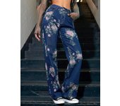 2023 Fashion Vintage StreetWear Floral Print Straight Leg Jeans High Waist Diagonal Pockets Wide Leg Denim Pants Mujer