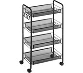 HOMCOM Carrito Auxiliar con Ruedas Carrito de Cocina de 4 Niveles Carrito de Almacenamiento con 4 Ganchos Carga 12 kg para Comedor Sala Baño 45x26,5x84 cm Negro