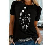 Cat Print T-shirt Short Sleeve Crew Neck Casual Top for Summer & Spring Women's Clothing