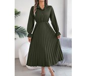 Spring Summer Long Dresses for Women Casual Solid Color Polo Neck Button Flare Sleeves Hundred pleats Dress