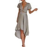 Vestido de mujer con temperamento de verano, vestido de falda irregular con cuello en V de manga corta