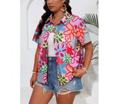GIBSIE Plus Size Casual Vacation Short Sleeved Women's Summer Boho Print Turn-down Collar Button-down Blouses and Shirts