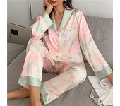 Conjunto de pijamas de satén para mujer, camisa de manga larga, pantalones largos, ropa de dormir para el hogar