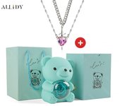 Luxury Hot Red Zircon Heart & Dagger Pendant Double Couple Necklace Set with Real Preserved Rose & Teddy Bear – Romantic Jewelry Gift for Mother’s Day, Valentine’s Day, Birthday & Anniversary