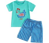 Pudcoco Boys Summer Shorts Sets Short Sleeve O Neck Chick/Golf Court/Cattle Head Embroidery Tops Plaid Shorts Sets 6M-4T