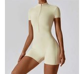 European and American nude one-piece yoga suit with stand up collar, half zipper, short sleeved fiess jumpsuit, tight fitting