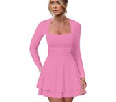 Pretty Ruffle Short Dresses for Women Chic and Elegant Square Collar Long Sleeve Dress New In Party Clothing Sale
