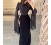 Fashion Satin Solid Robe Ladies Temperament O-neck Slim Evening Elegant Batwing Sleeves High Waist Pleats Long Dress