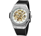 Moda casual plata hollow skeleton reloj mecánico automático para hombres