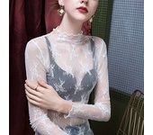 Mesh  Womens Elegent ing Puff Long-sleeved Blouses O-neck Polka Dot Office Ladies Shirts Tops 2022