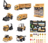 8pcs/set Alloy Engineering Truck with Mat&Road Sign Classic Construction Model Vehicle Loader Tractor Excavator Toy Car for Boys