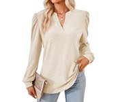 Top de mujer otoño e invierno nuevo top de camiseta suelta de manga larga jacquard con cuello en V de color sólido