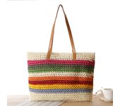 New Rainbow Contrast Stripe One Shoulder Grass Woven Beach Forest Series Women's Casual Bag