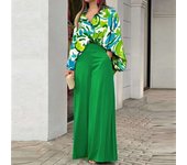 Spring Autumn Print Pant Sets Women Fashion Temperament Casual Loose Two Piece Set Flared Sleeve Shirts Wide Leg Pants Lady Suit